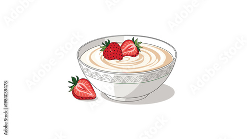 Delicious bowl of creamy white yogurt garnished with fresh sliced strawberries serves as a healthy and nutritious breakfast option.