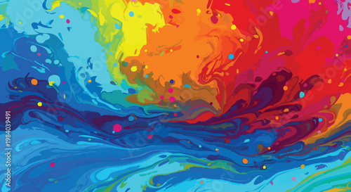 Vibrant abstract painting featuring swirling colorful pigments and fluid forms.