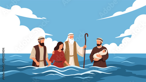 Biblical figures representing Mary and Joseph carry the infant Jesus through calm waters in a boat during a serene and spiritual journey.