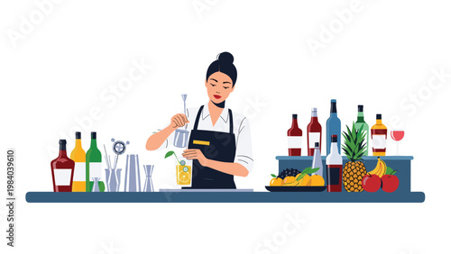 Skilled female bartender carefully pours a mixture into a glass while preparing a fresh cocktail behind a bar stocked with various bottles.