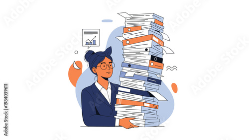 Overwhelmed office worker with glasses looks stressed while being buried under a massive, leaning tower of paper documents and files.