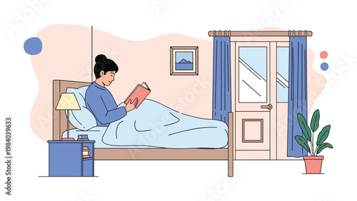 Young woman relaxes in her cozy bedroom while leaning against pillows and reading an interesting book by the light of a bedside lamp.