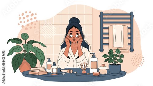 Beautiful woman wearing a white robe performs her morning skincare routine by applying soothing eye patches in a modern bathroom.