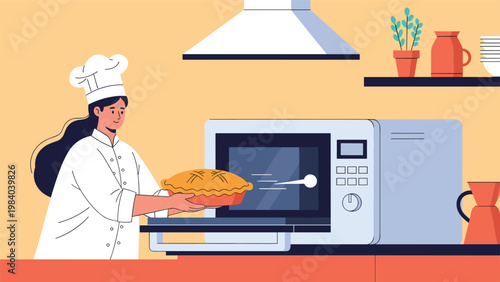 Professional female chef in a white uniform and hat carefully removes a freshly baked pie from a modern microwave in a home kitchen.