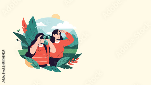 Two young girls explore the scenic landscape with binoculars while standing amongst lush green plants in a beautiful mountain valley.