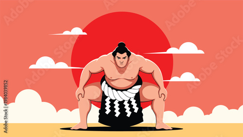 Powerful sumo wrestler stands in a traditional ritual stance against a backdrop of a large red sun and white clouds in a landscape.