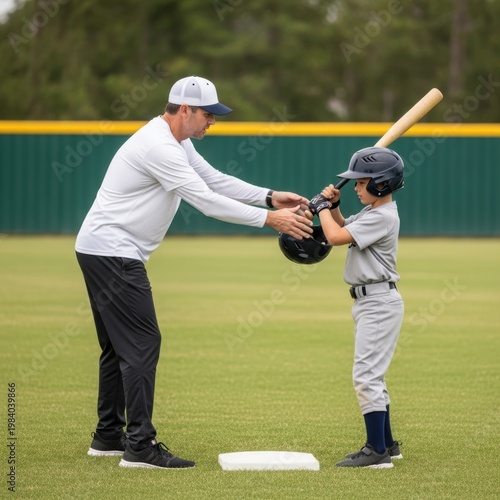 Coach guiding a young player with batting technique on a baseball field