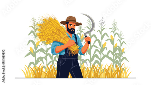 Hardworking farmer with a beard carries a large bundle of harvested wheat while holding a sharp sickle in a vast field of crops.