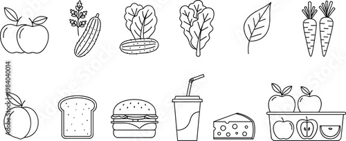 Healthy food outline vector icon set with fruits vegetables bread burger drink cheese and lunch box minimal line art collection for menu and app design