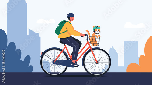Young man with a backpack rides a bicycle in the city with his pet cat sitting safely in the front basket.