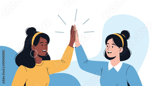 Two diverse young women sharing a celebratory high five gesture against a simple blue and white background.