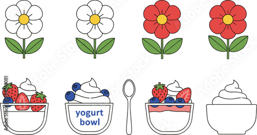 Cute flowers and yogurt bowl vector set with strawberries blueberries cream dessert spoon and simple floral elements in cartoon style isolated illustration collection
