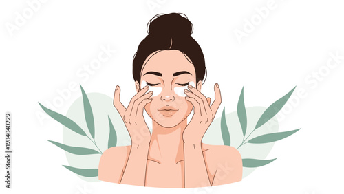Beautiful young woman applying white cosmetic eye patches for skincare and relaxation against a botanical background.