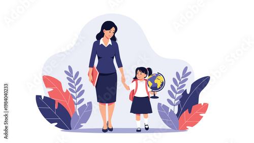 Friendly female teacher holding a book while leading a young schoolgirl with a globe to her first day of class.