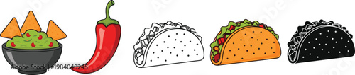 Mexican food collection with tacos nachos and chili pepper isolated on transparent background traditional cuisine vector illustration set