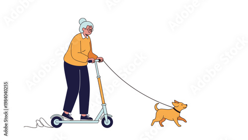 Modern elderly woman riding an electric scooter while walking her small dog on a leash against a white background.