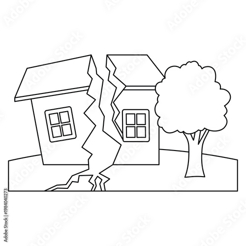 Earthquake vector illustration, earthquake cracked ground house disaster line icon, earthquake damaged house coloring page, natural disaster line drawing vector illustration, isolated on white