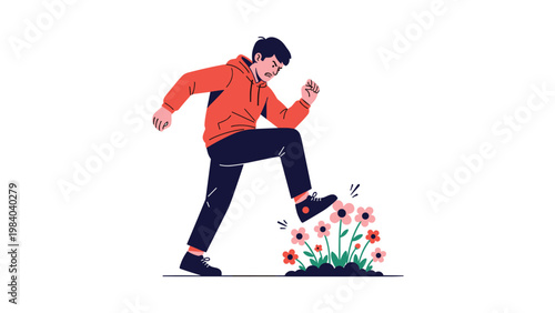 Angry man in an orange hoodie aggressively stepping on a beautiful bouquet of flowers growing in a garden bed.