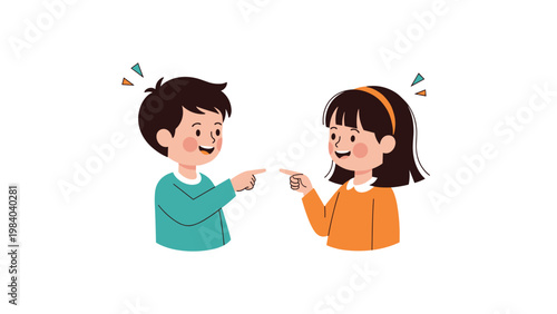 Two happy young children, a boy and a girl, pointing at each other with excitement and joy on a white background.