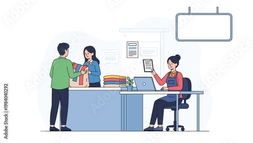 Male customer picking up his laundry from a professional dry cleaning service managed by two helpful female employees.