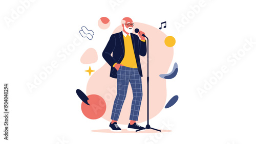 Charismatic elderly man with a beard singing into a microphone on a stage with abstract colorful background.