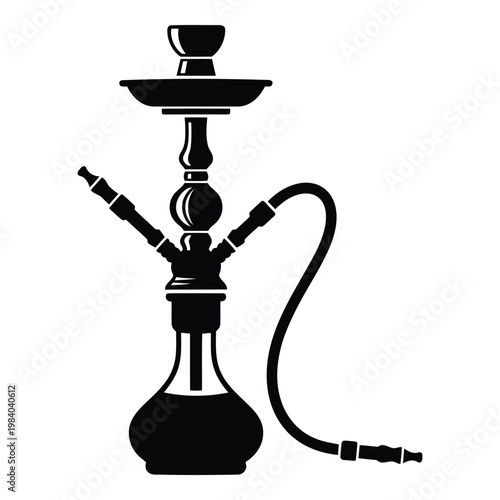 Stylized black silhouette of a traditional water pipe shisha hookah with hose and bowl for smoking tobacco or herbs presented on a clean white background vector on white background