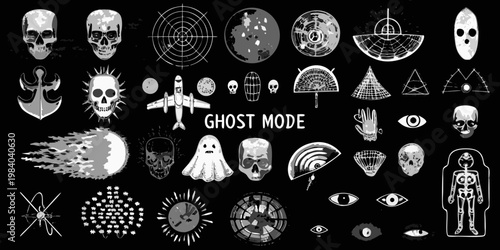 A collection of ghostly skull and cosmic themed black and white illustrations