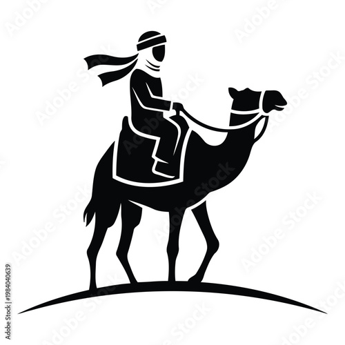 Stylized silhouette of a person wearing traditional headwear and clothing riding a camel across a desert landscape under a white background vector on white background