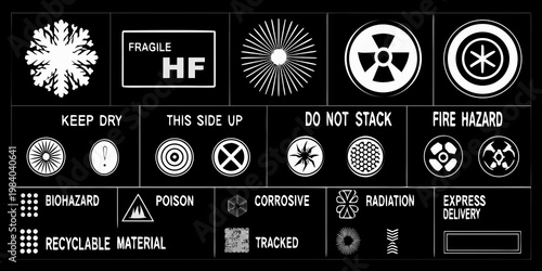 Collection of shipping and hazard warning symbols on black background