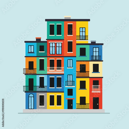 Multistory colorful residential apartment building.