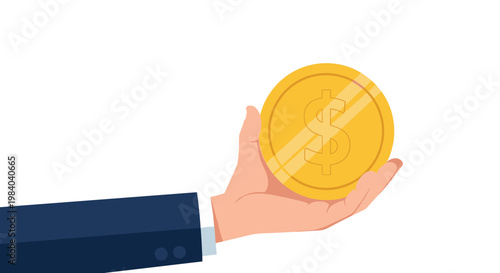 Businessman arm wearing a suit sleeve holds a large gold coin with a dollar sign to represent financial success and profitable growth.