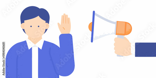 A person raising a hand near an illustration of a megaphone