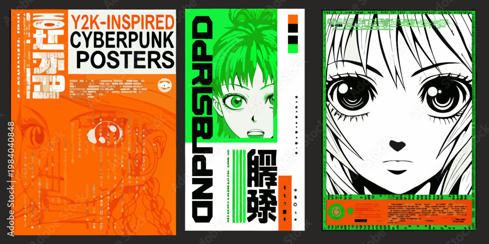Naklejka premium Three vibrant cyberpunk anime posters with bold text and character portraits