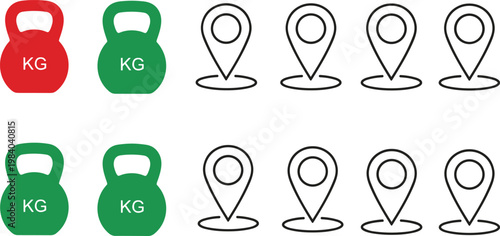 Fitness and location vector icon set with kettlebell weights and map pins navigation markers minimal outline and flat style isolated illustration for gym and tracking design