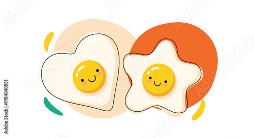Two adorable fried eggs shaped like a heart and a star feature cute smiling faces and pink cheeks in a warm and playful food graphic.