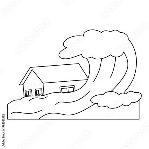 Tsunami vector illustration, tsunami icon, line art coloring page, tsunami wave hitting house disaster line icon, natural disaster line drawing vector illustration, isolated on white background