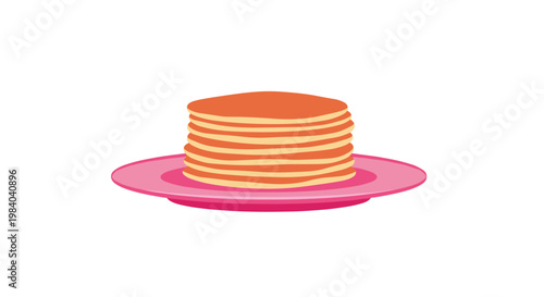 Tall stack of golden brown pancakes is served on a bright pink plate creating a delicious and inviting breakfast scene in flat art style.
