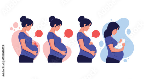 Sequence of four illustrations shows a woman progressing through three stages of pregnancy and finally holding her newborn baby with joy.
