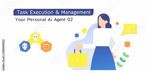 Illustration depicting ai agent assistance with a businesswoman and abstract elements