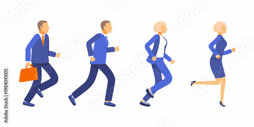 Four business professionals are shown running in a linear sequence