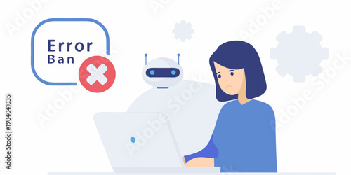 A woman looks sadly at a robot with an error message displayed