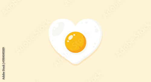 Fried egg shaped like a perfect heart with a bright yellow yolk is centered on a light cream background representing a loving breakfast.