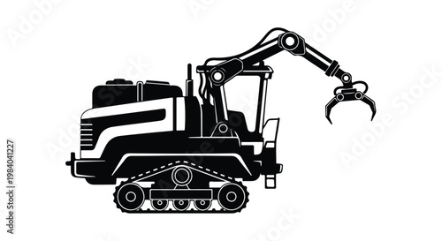 Black silhouette of an excavator with a claw attachment on a white background, showcasing industrial equipment.