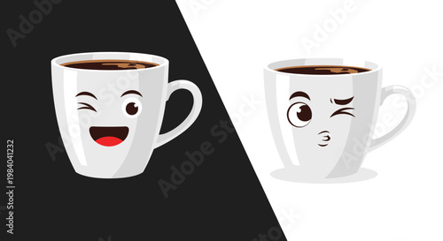 Two white coffee mugs with cute winking and smiling faces are shown against contrasting black and white backgrounds in a fun split view.