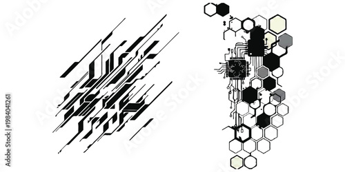 Abstract technical graphic featuring diagonal lines and a hexagonal structure with circuit boards