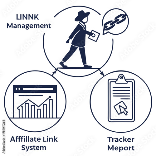 A vector graphic illustrating a management system with affiliate link tracking and reporting