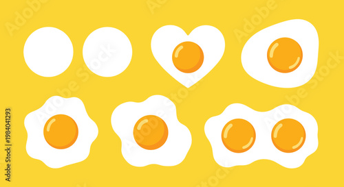 Various forms of eggs including whole yolks, heart shapes, star shapes, and double yolks are arranged on a vibrant yellow background.