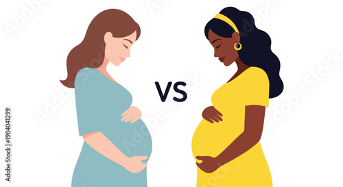 Comparison between two pregnant women with different backgrounds is shown with a vs text label representing diverse motherhood paths.