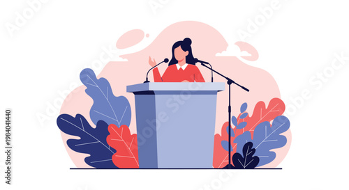 Confident female speaker stands at a wooden podium giving a powerful presentation with colorful abstract leaves in the background.