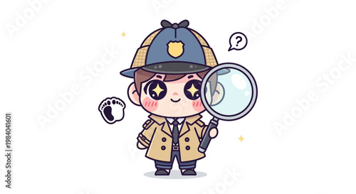 Cartoon detective child with magnifying glass.